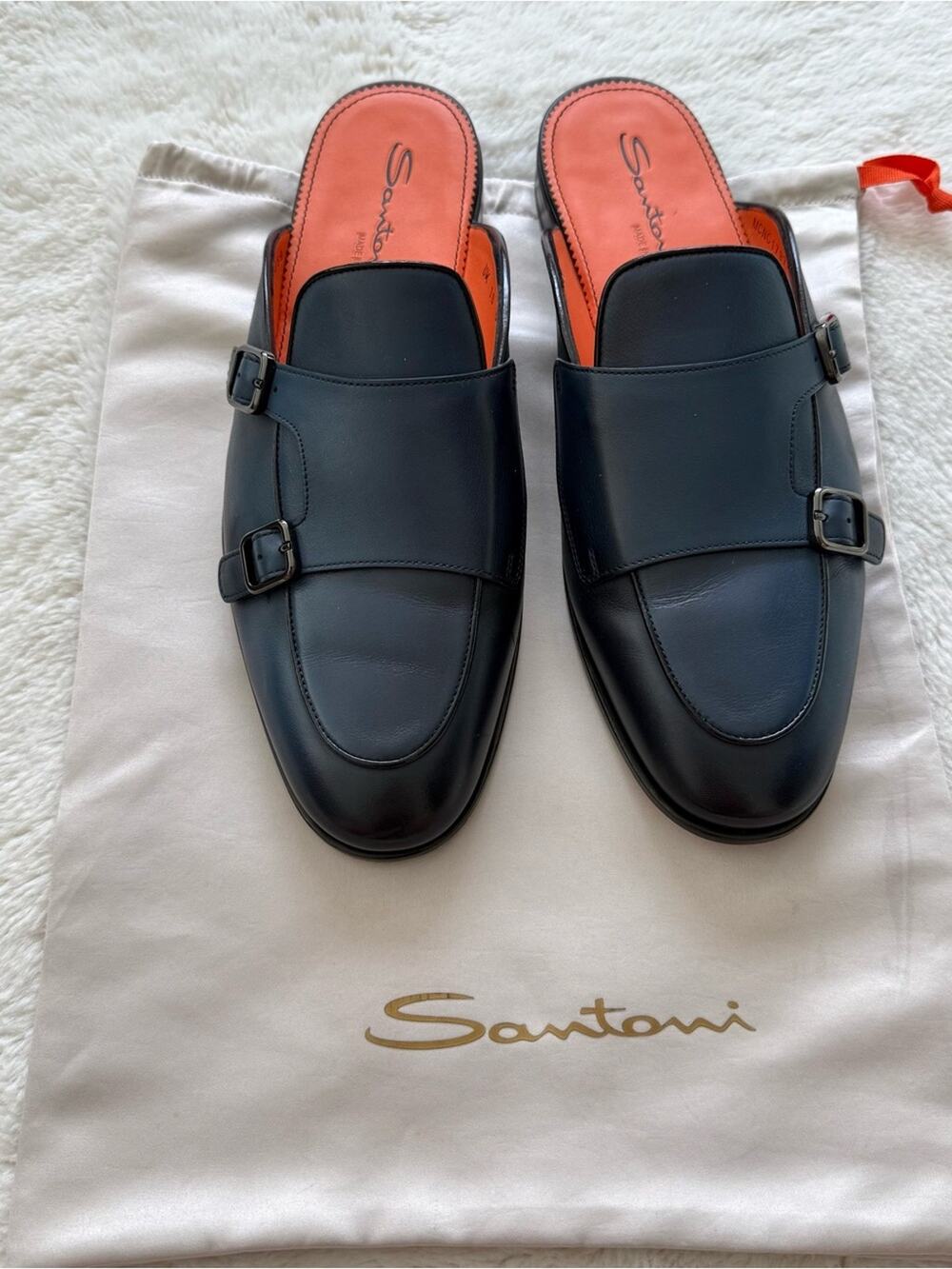 Santoni blue leather double buckle monk mules slip on size 10 UK/11 US 980$